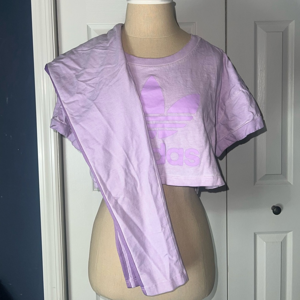 Adidas Originals Purple Crop Top T-Shirt And Legging Matching Bundle Set 🍬